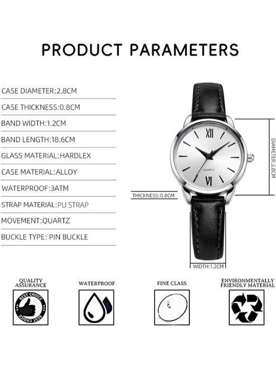Womens Black And Silver Analog Quartz Leather Strap Solid Minimalist Wrist Watch main image 6